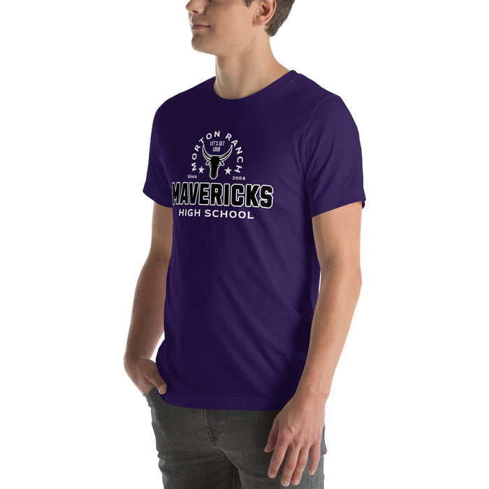 Man wearing Morton Ranch High School Mavericks Premium Purple Unisex T-shirt 222