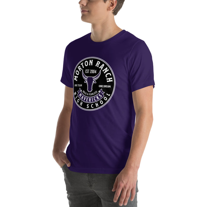 Man wearing Morton Ranch High School Mavericks Premium Purple Unisex T-shirt 215