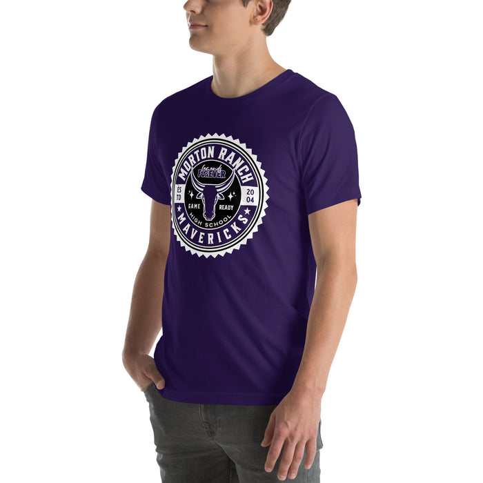Man wearing Morton Ranch High School Mavericks Premium Purple Unisex T-shirt 203