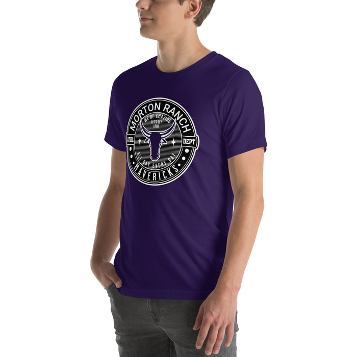 Man wearing Morton Ranch High School Mavericks Premium Purple Unisex T-shirt 224