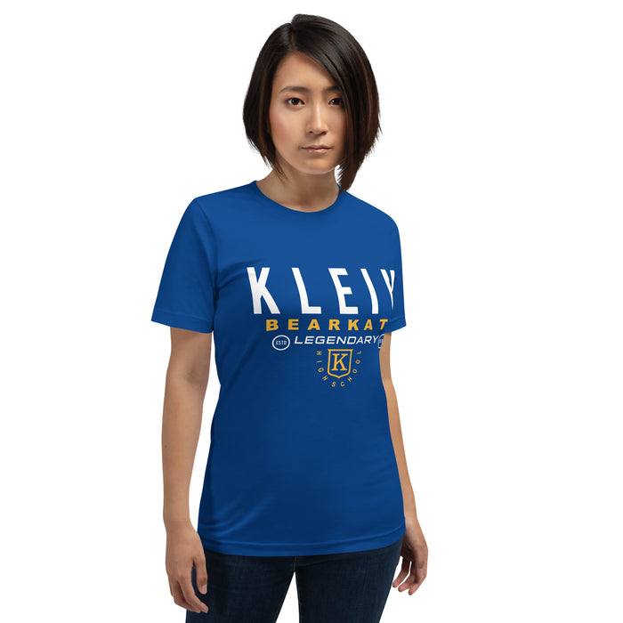 Woman wearing a Klein High School Bearkats Premium Royal Unisex T-shirt 03