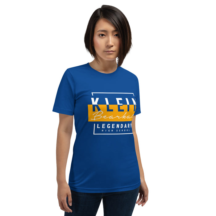 Woman wearing a Klein High School Bearkats Premium Royal Unisex T-shirt 05