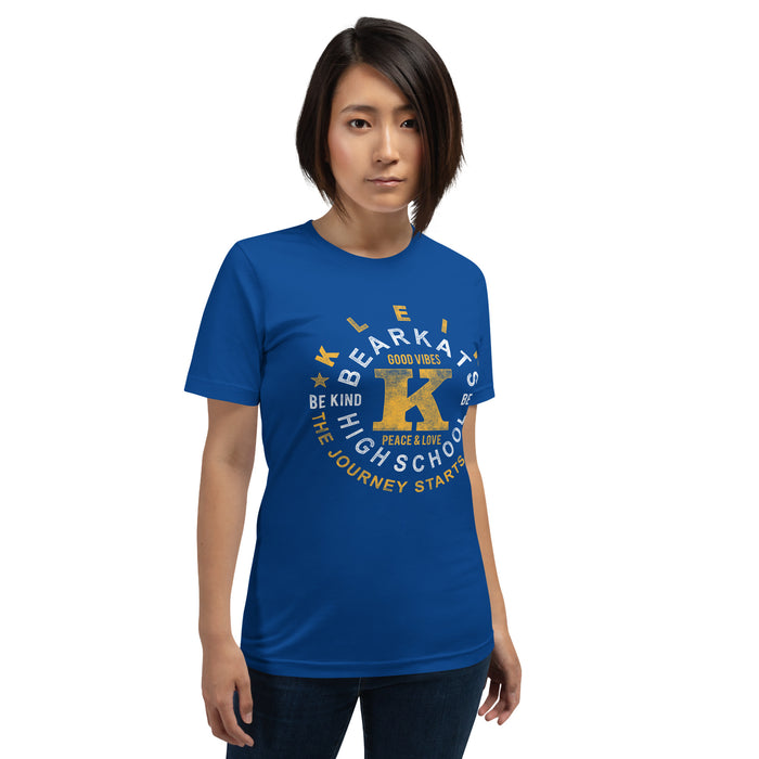 Woman wearing a Klein High School Bearkats Premium Royal Unisex T-shirt 16