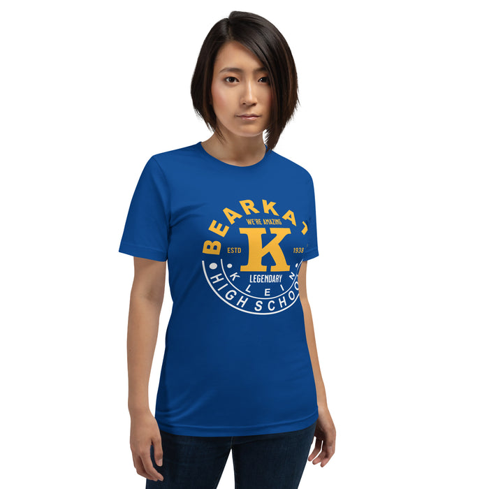 Woman wearing a Klein High School Bearkats Premium Royal Unisex T-shirt 19