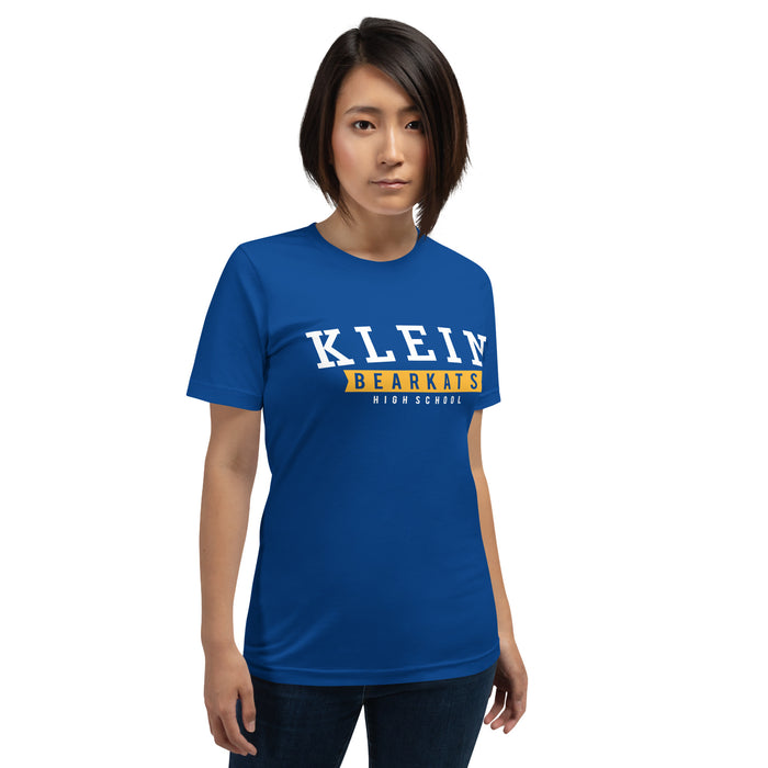 Woman wearing a Klein High School Bearkats Premium Royal Unisex T-shirt 21