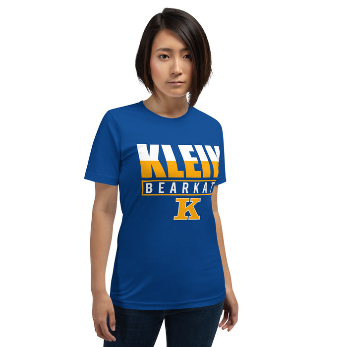 Woman wearing a Klein High School Bearkats Premium Royal Unisex T-shirt 29