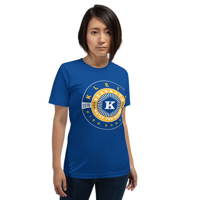 Woman wearing a Klein High School Bearkats Premium Royal Unisex T-shirt 30