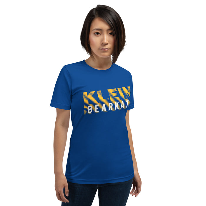 Woman wearing a Klein High School Bearkats Premium Royal Unisex T-shirt 32