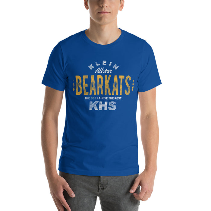 Man wearing a Klein High School Bearkats Premium Royal Unisex T-shirt 40