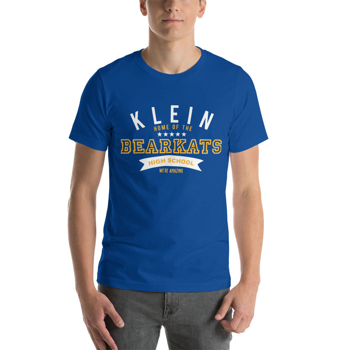 Man wearing a Klein High School Bearkats Premium Royal Unisex T-shirt 96