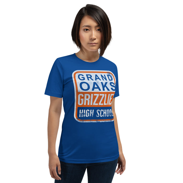 Woman wearing a Grand Oaks High School Grizzlies Premium Royal Unisex T-shirt 01