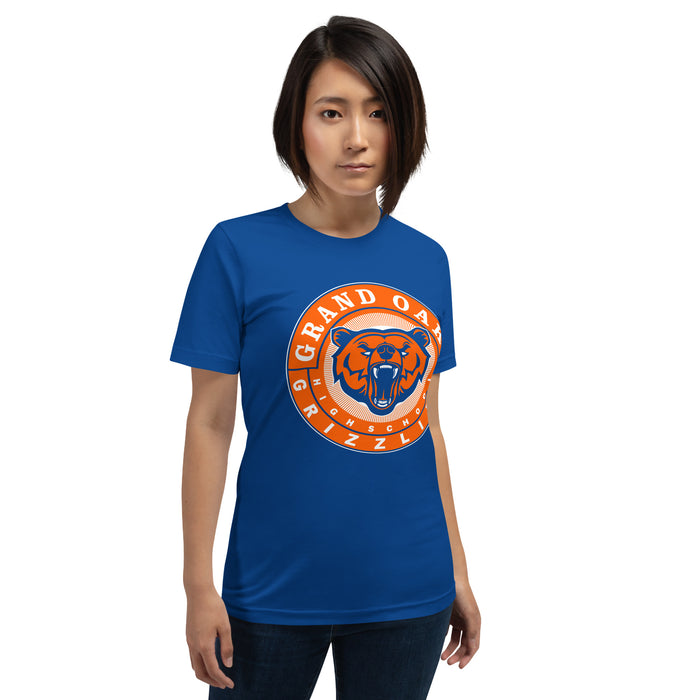 Woman wearing a Grand Oaks High School Grizzlies Premium Royal Unisex T-shirt 02