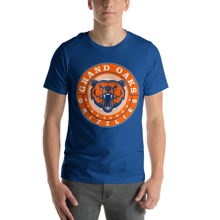 Man wearing a Grand Oaks High School Grizzlies Premium Royal Unisex T-shirt 02