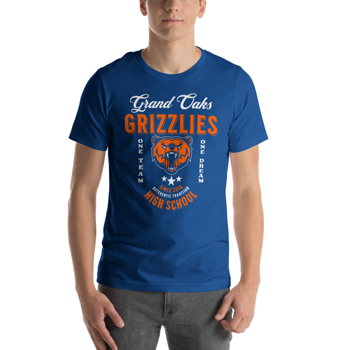 Man wearing a Grand Oaks High School Grizzlies Premium Royal Unisex T-shirt 08