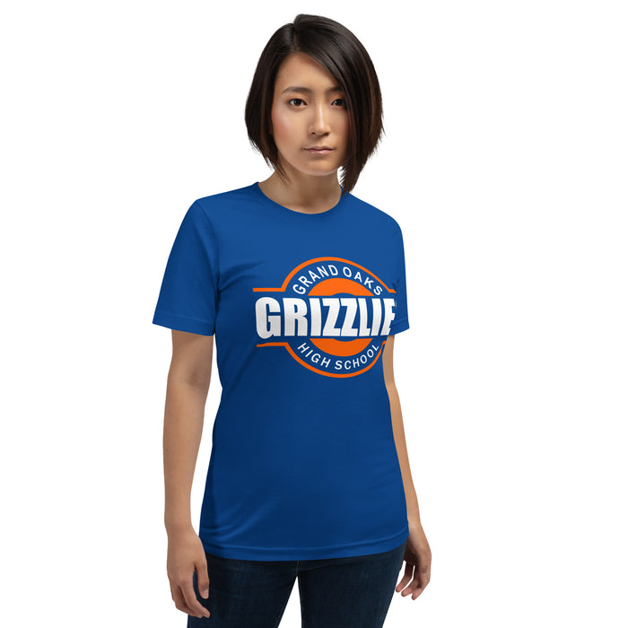 Woman wearing a Grand Oaks High School Grizzlies Premium Royal Unisex T-shirt 11