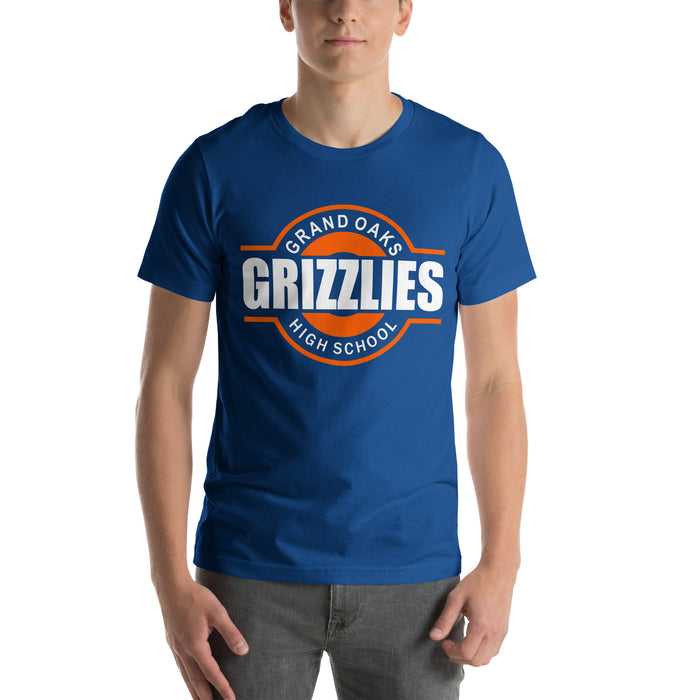 Man wearing a Grand Oaks High School Grizzlies Premium Royal Unisex T-shirt 11