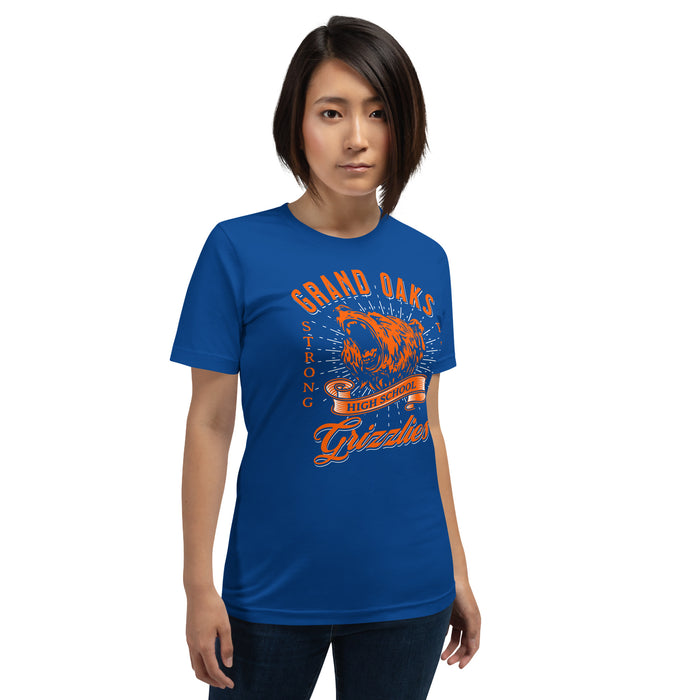 Woman wearing a Grand Oaks High School Grizzlies Premium Royal Unisex T-shirt 26