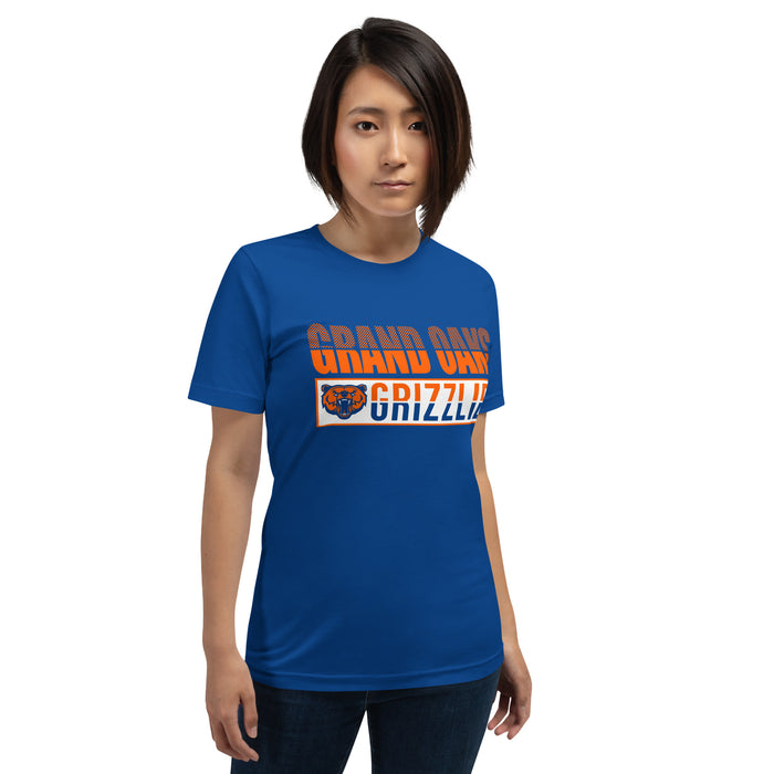 Woman wearing a Grand Oaks High School Grizzlies Premium Royal Unisex T-shirt 31