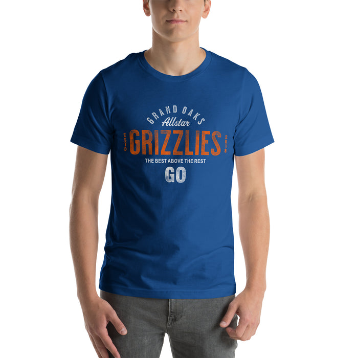 Man wearing a Grand Oaks High School Grizzlies Premium Royal Unisex T-shirt 40