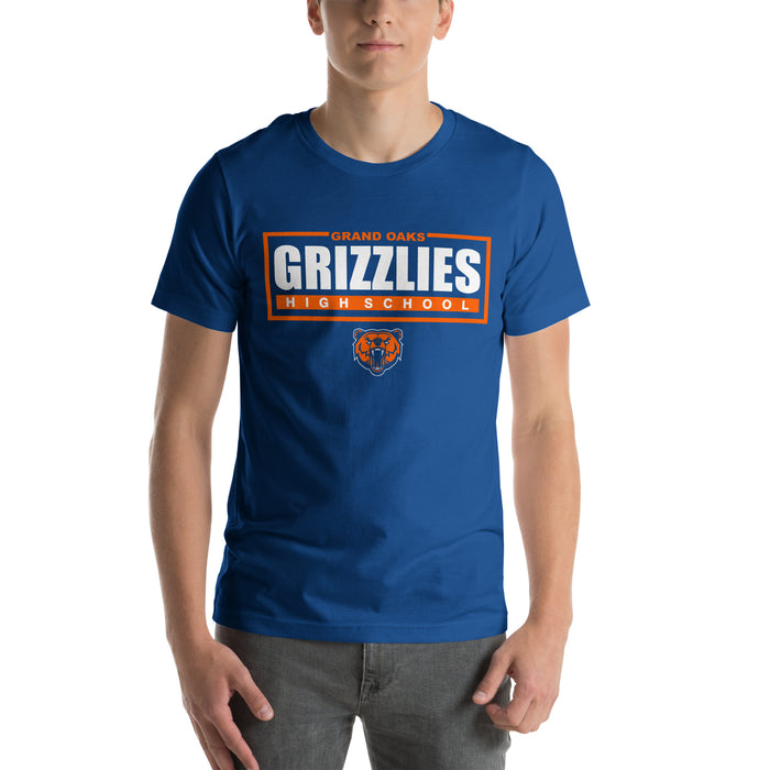 Man wearing a Grand Oaks High School Grizzlies Premium Royal Unisex T-shirt 49