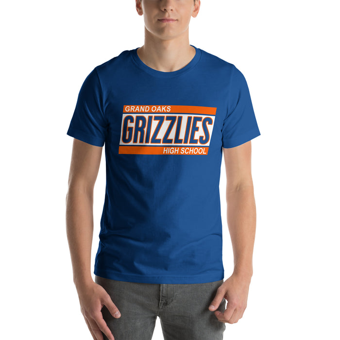 Man wearing a Grand Oaks High School Grizzlies Premium Royal Unisex T-shirt 72