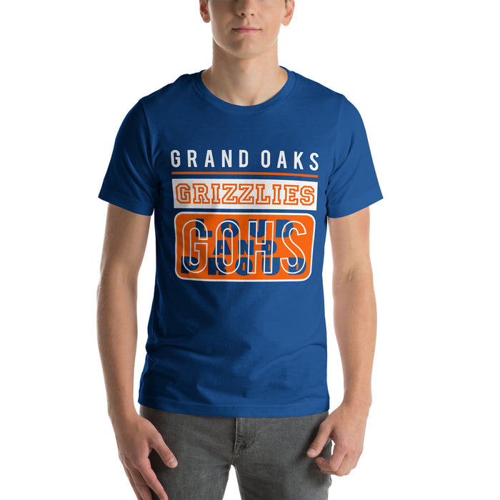 Man wearing a Grand Oaks High School Grizzlies Premium Royal Unisex T-shirt 86