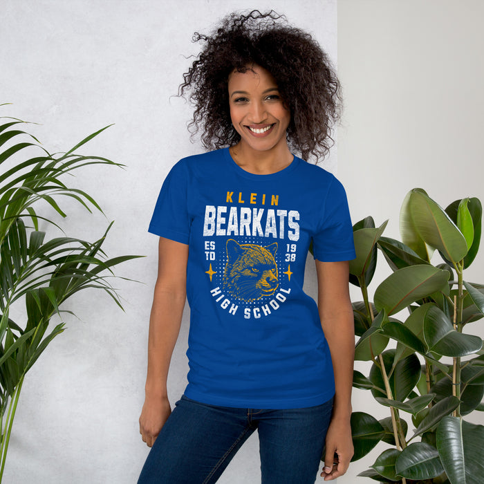 Woman wearing a Klein High School Bearkats Premium Royal Unisex T-shirt 213