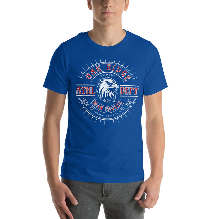 Man wearing Oak Ridge High School War Eagles Royal Blue Premium Unisex T-shirt 201