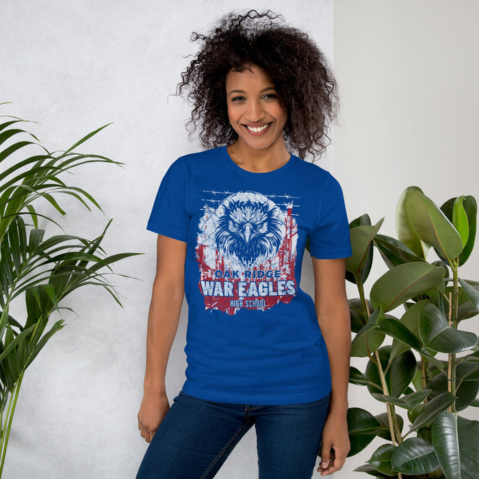 Woman wearing Oak Ridge High School War Eagles Royal Blue Premium Unisex T-shirt 202