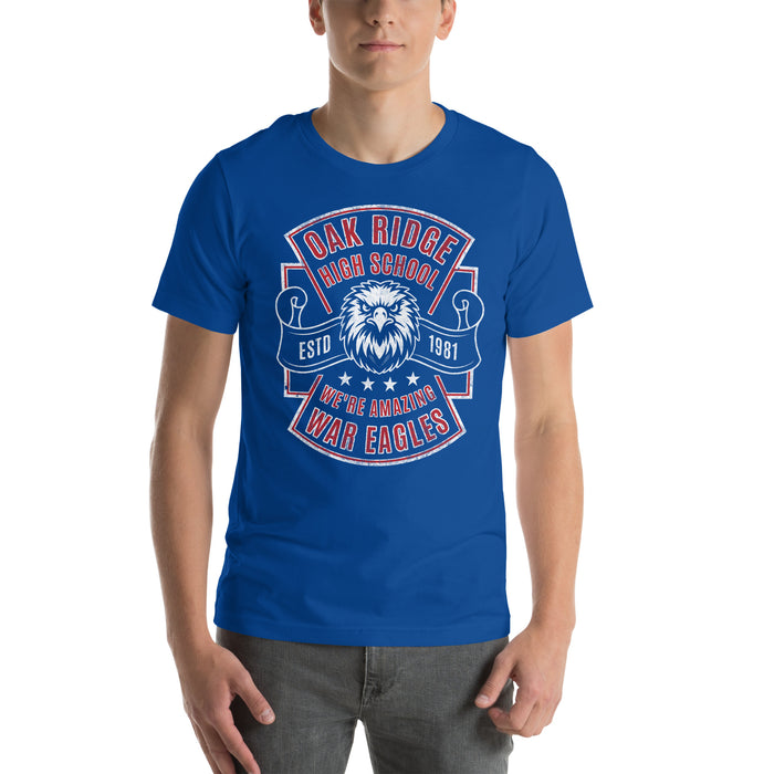 Man wearing Oak Ridge High School War Eagles Royal Blue Premium Unisex T-shirt 207