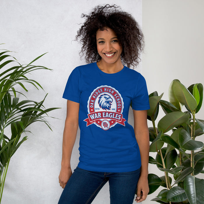 Woman wearing Oak Ridge High School War Eagles Royal Blue Premium Unisex T-shirt 212