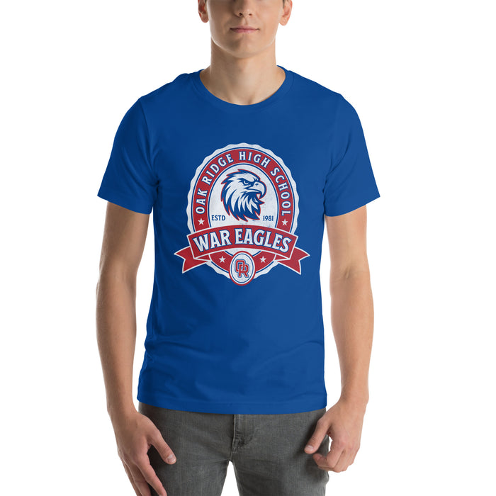 Man wearing Oak Ridge High School War Eagles Royal Blue Premium Unisex T-shirt 212