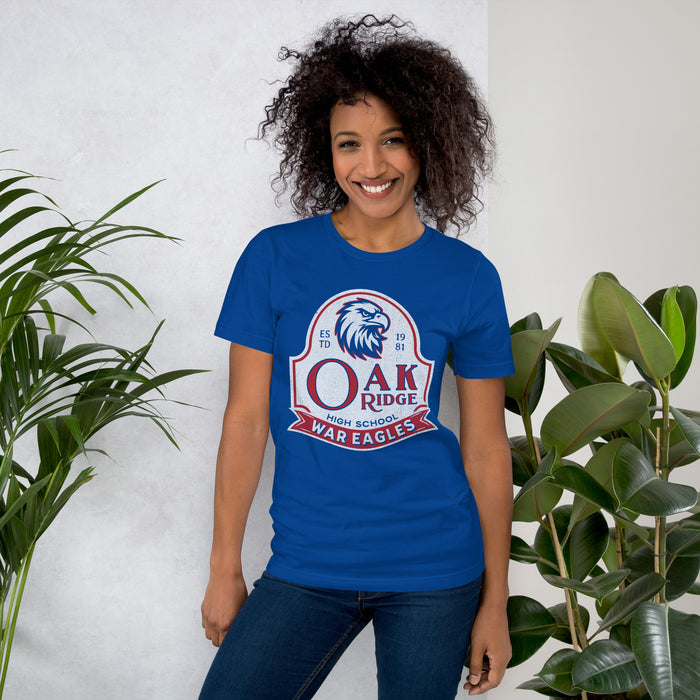 Woman wearing Oak Ridge High School War Eagles Royal Blue Premium Unisex T-shirt 219