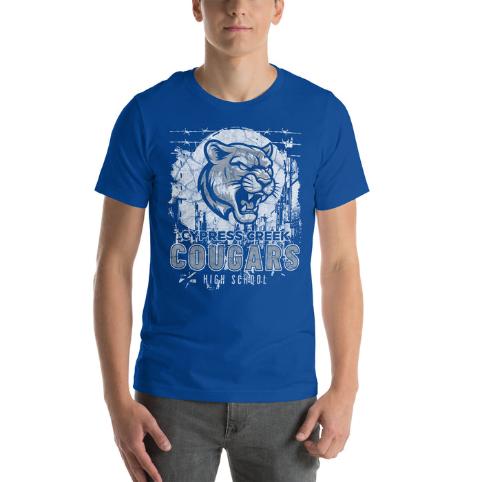 Man wearing Cypress Creek High School Cougars Royal Blue Premium Unisex T-shirt 202