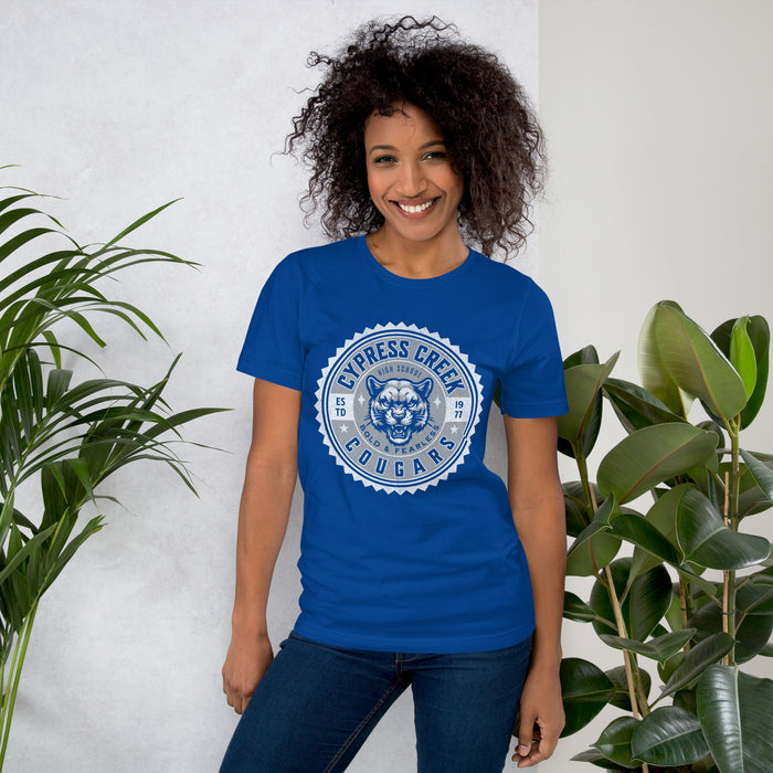 Woman wearing Cypress Creek High School Cougars Royal Blue Premium Unisex T-shirt 203