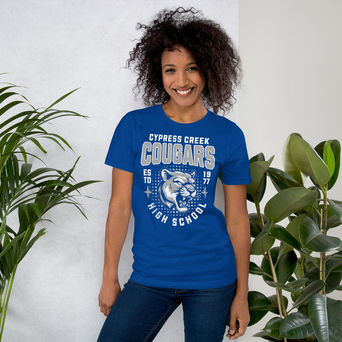 Woman wearing Cypress Creek High School Cougars Royal Blue Premium Unisex T-shirt 204