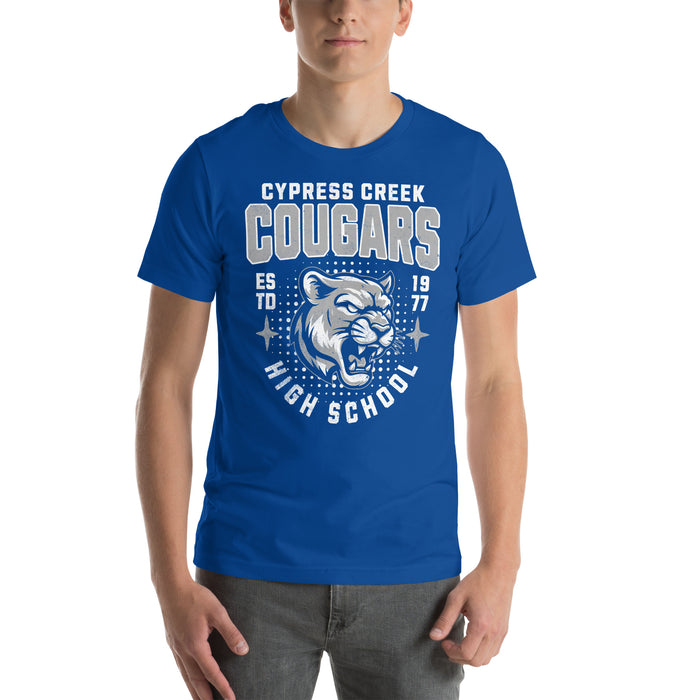 Man wearing Cypress Creek High School Cougars Royal Blue Premium Unisex T-shirt 204