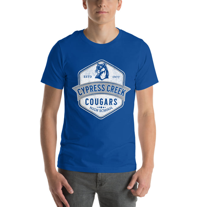 Man wearing Cypress Creek High School Cougars Royal Blue Premium Unisex T-shirt 205