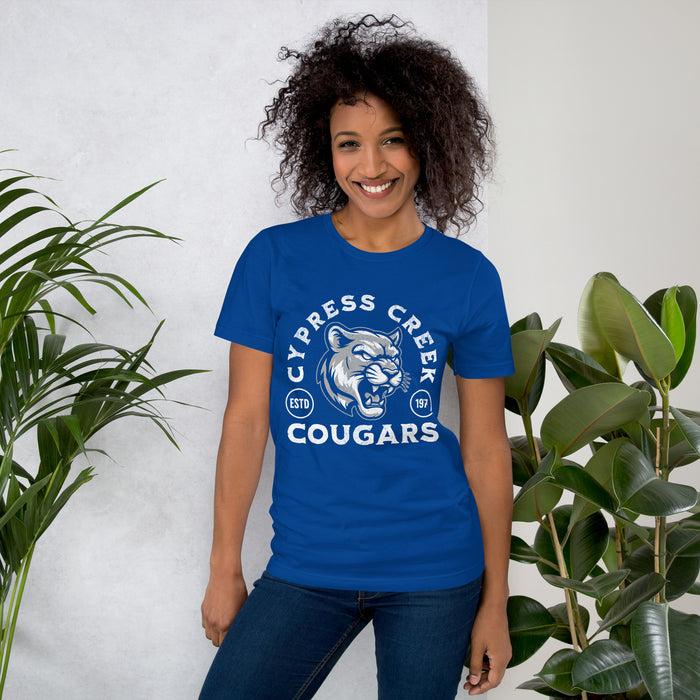 Woman wearing Cypress Creek High School Cougars Royal Blue Premium Unisex T-shirt 206