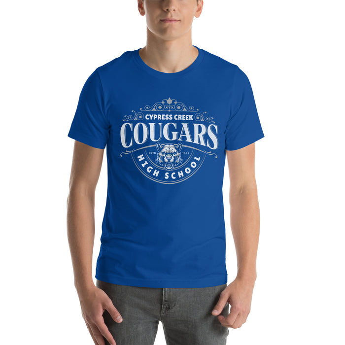 Man wearing Cypress Creek High School Cougars Royal Blue Premium Unisex T-shirt 211