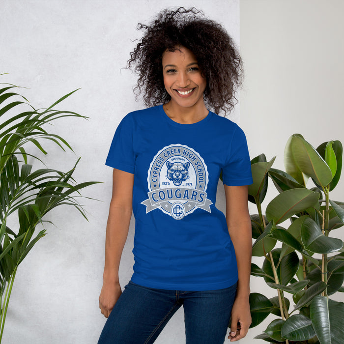 Woman wearing Cypress Creek High School Cougars Royal Blue Premium Unisex T-shirt 212