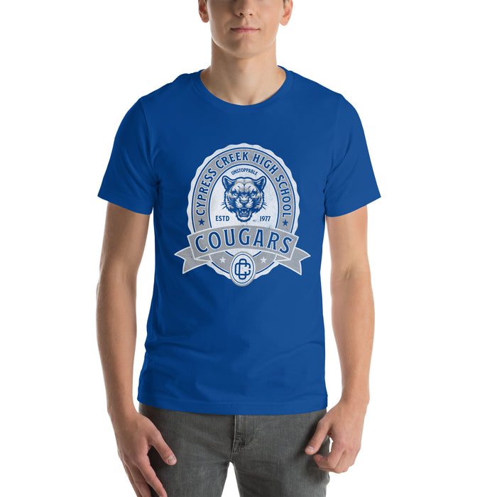 Man wearing Cypress Creek High School Cougars Royal Blue Premium Unisex T-shirt 212