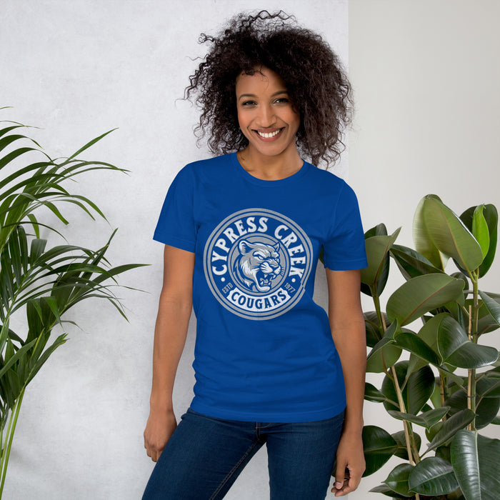 Woman wearing Cypress Creek High School Cougars Royal Blue Premium Unisex T-shirt 220