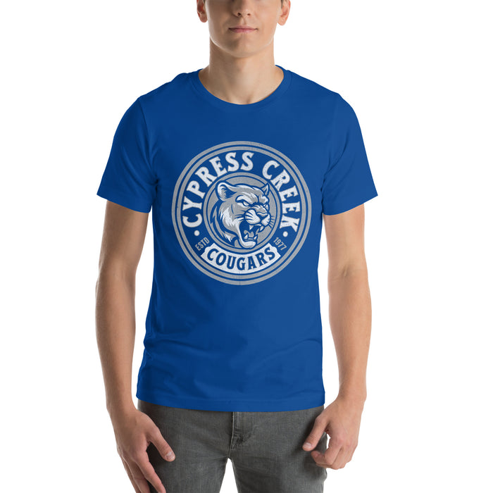 Man wearing Cypress Creek High School Cougars Royal Blue Premium Unisex T-shirt 220