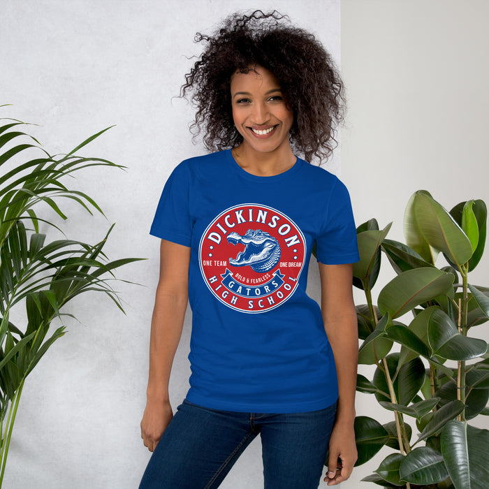 Woman wearing Dickinson High School Gators Royal Blue Premium Unisex t-shirt 215