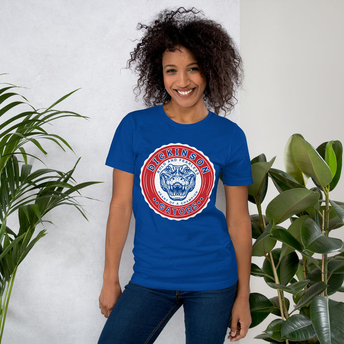 Woman wearing Dickinson High School Gators Royal Blue Premium Unisex t-shirt 216