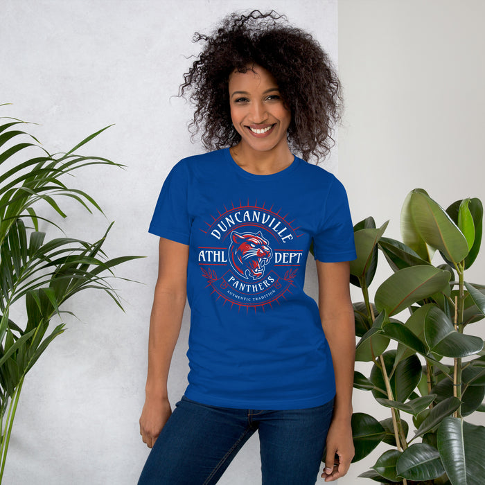 Woman wearing Duncanville High School Panthers Royal Blue Premium Unisex T-shirt 201