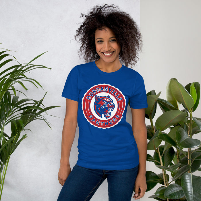 Woman wearing Duncanville High School Panthers Royal Blue Premium Unisex T-shirt 216