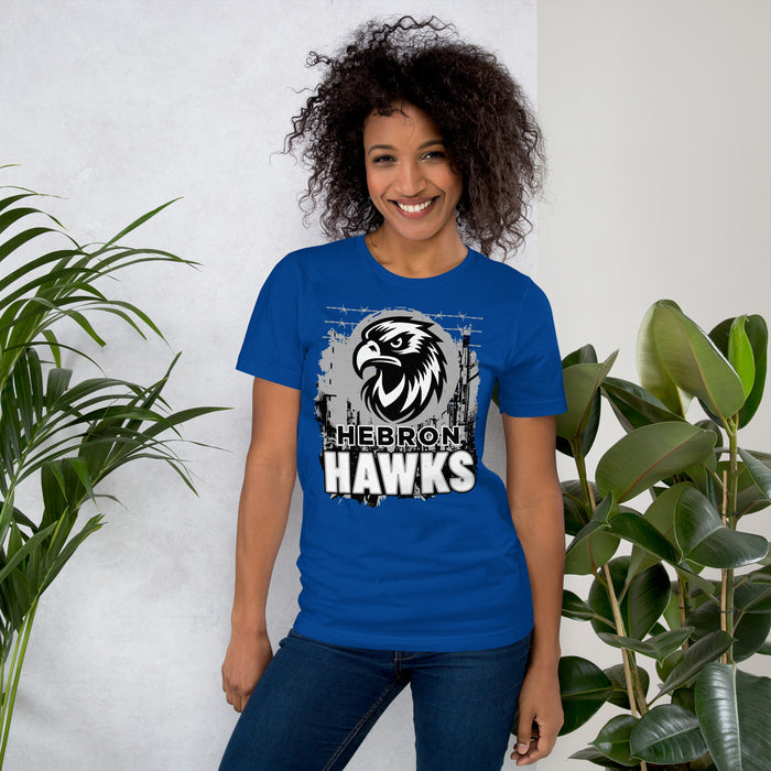 Woman wearing Hebron High School Hawks Royal Blue Premium Unisex T-shirt 202