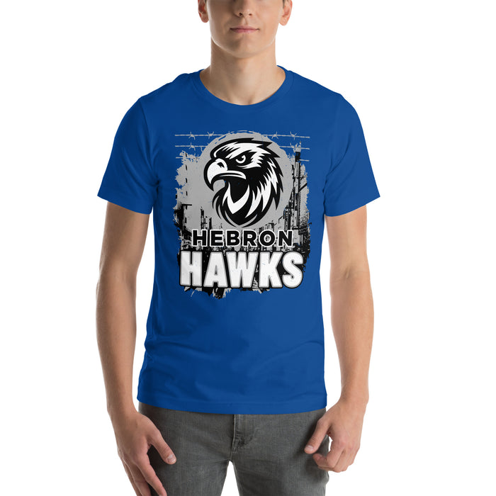 Man wearing Hebron High School Hawks Royal Blue Premium Unisex T-shirt 202